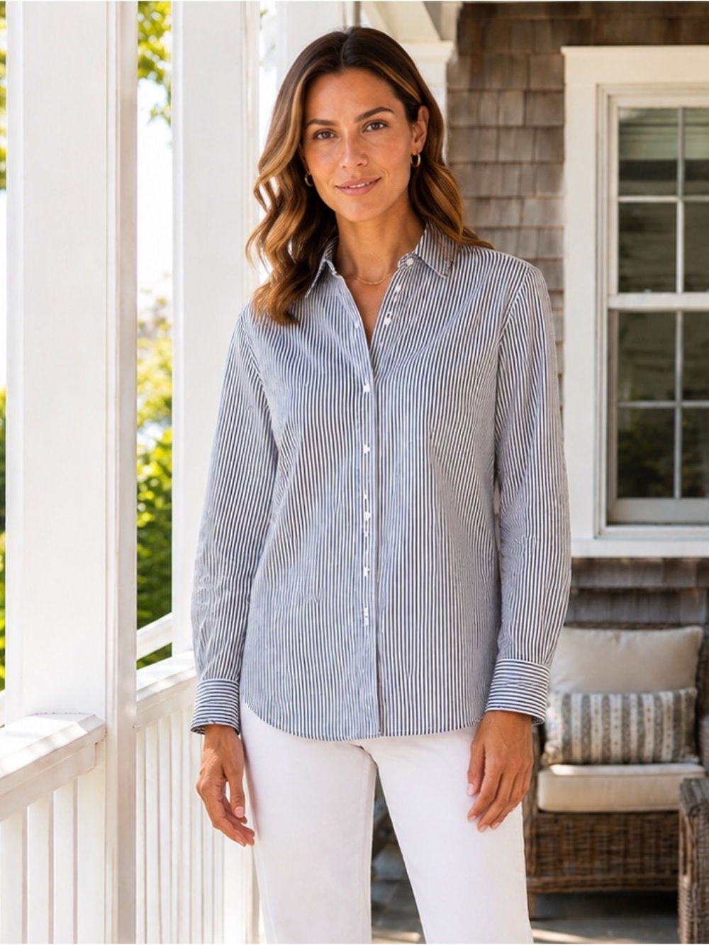 J.McLaughlin Gray White Striped Stretch Cotton Button Down Shirt Large